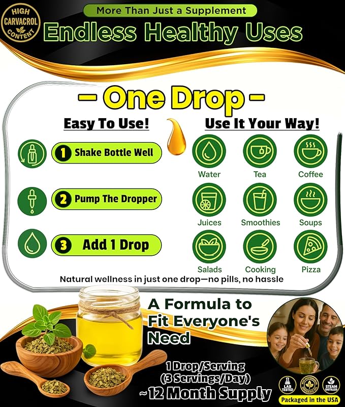 Organic Oregano Oil Drops - 1000 Servings 12 Month Supply Wild Oil of Oregano 9X Carvacrol Immune &amp Digestive Support Non-GMO Food Grade Herbal Supplement Alternative to oil of Oregano Tinc