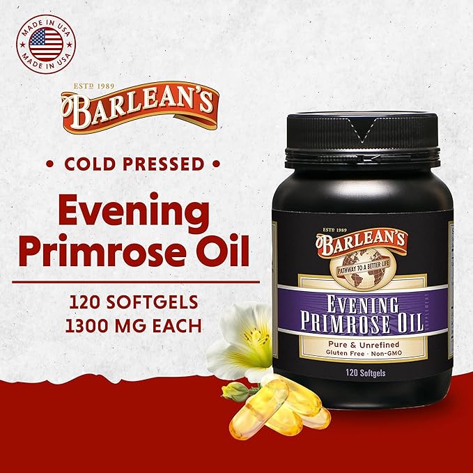 Barlean's Evening Primrose Oil Capsules GLA Supplement for Men and Women Healthy Skin Immune Support and Bone Strength 1300mg Softgels 120 Count
