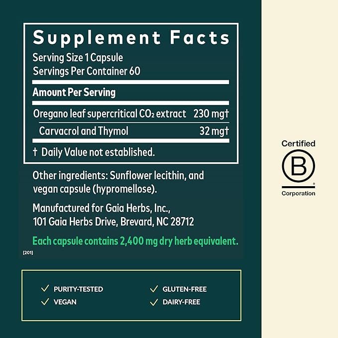 Gaia Herbs Oil of Oregano - Immune &amp Antioxidant Support Supplement - with Oregano Oil Carvacrol &amp Thymol* - 60 Vegan Liquid Phyto-Caps (60 Servings)