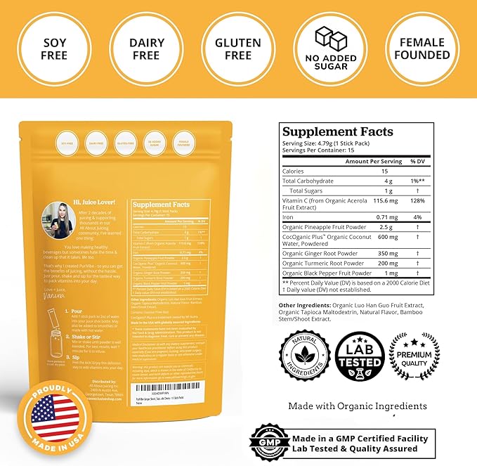 All About Juicing Ginger Shots with Pineapple &amp Turmeric - Superfood Juice Powder - Immunity Digestion &amp Energy Support - 30 Wellness Stick Packs - PuriVibe