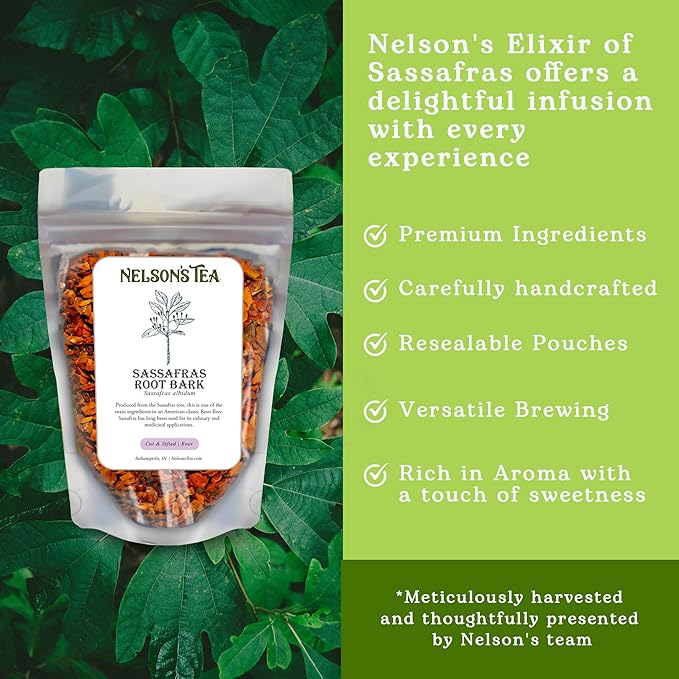 Nelson’s Tea - Sassafras Root Bark Cut &amp Sifted - Caffeine Free - Premium Sassafras Albidum Aroma Freshly Packed Resealable Bag - 16 oz