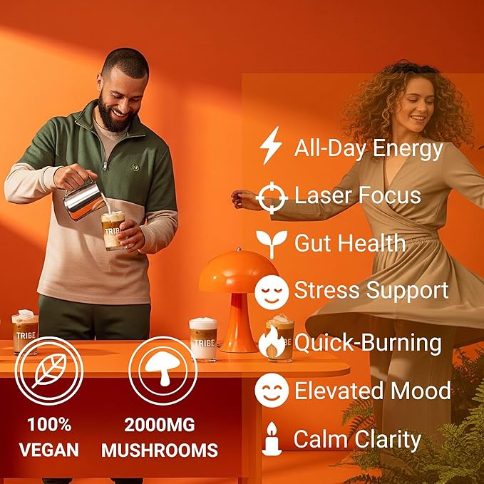 TRIBE Mushroom Coffee with MCT Oil - Creamy Instant Barista Blend for Energy Focus &amp Immune Support 6 Adaptogenic Superfoods - Lion’s Mane Reishi Turkey Tail - 2000mg - 30 Servings Spoon Incl