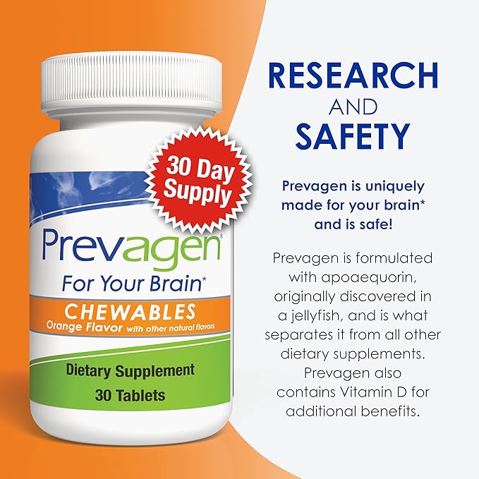 Prevagen Regular Strength Orange Chewables - 30 Tablets (1 Month Supply) | Formulated for Your Brain | 10mg of Apoaequorin Plus Vitamin D3 with 7-Day Pill Minder