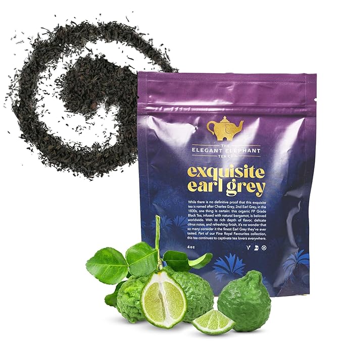 Earl Grey Tea Organic Loose Leaf Black Tea – Classic Bergamot &amp Citrus Flavor – Boost Clarity &amp Wellness – Drink Hot or Iced – 4 oz Resealable Bag (Makes 50 Cups) – The Elegant Elephant