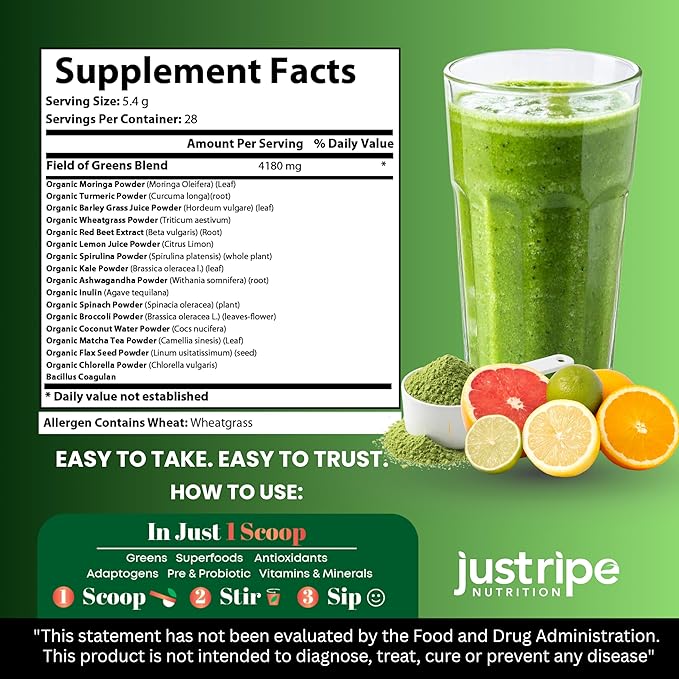 Field of Greens Superfood Powder with Organic Spirulina Chlorella Beet Root Powder - Bacillus Coagulans Probiotic A Plant-Based Mix Supporting Gut Health Immunity Bloom into Health 28 Scoops (1)
