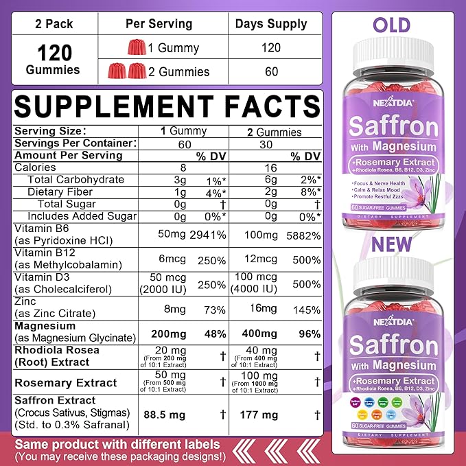 Saffron Supplements Gummies - 4 Months Supply - Saffron Extract 177mg 88.5mg w/Magnesium Glycinate 400mg 200mg Rhodiola Rosea Rosemary B6 B12 D3 for Calm Nerve Rest Focus Sugar-Free 2 Pack