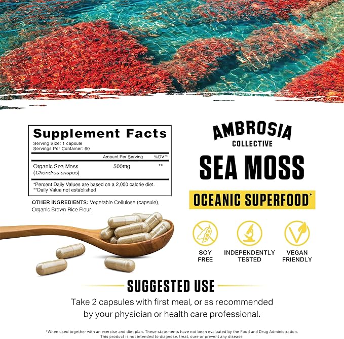 Ambrosia Irish Sea Moss Capsules | High Dose 500 mg/Serving | Made with Organic Sea Moss | Veggie Capsules