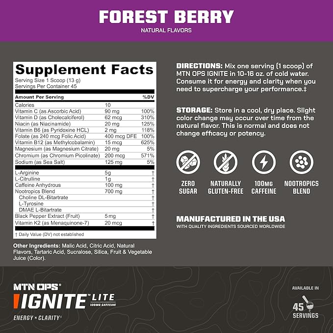 MTN OPS Ignite Lite Sugar Free Energy Drink Powder with 100mg Caffeine Nootropic Blend for Energy &amp Focus L Arginine &amp L Citrulline for Endurance 45 Servings Forest Berry
