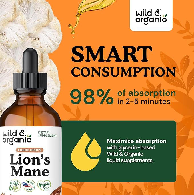Wild &amp Organic Lions Mane Liquid Drops - Brain &amp Focus Support - 84-Day Supply - Lion's Mane Mushroom Supplement - Hericium Erinaceus Mushroom Drops - Sugar &amp Alcohol-Free Extract Tincture