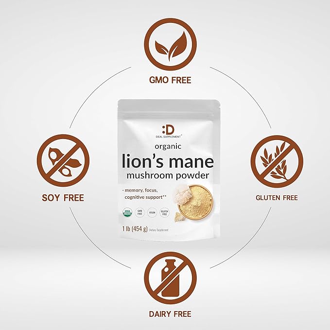 DEAL SUPPLEMENT Organic Lions Mane Mushroom Powder Supplement 1500mg Per Serving 1lb – Active Fruiting Body &amp Mycelium Extract – Natural Brain Nootropic &amp Immune System Booster – Non-GMO