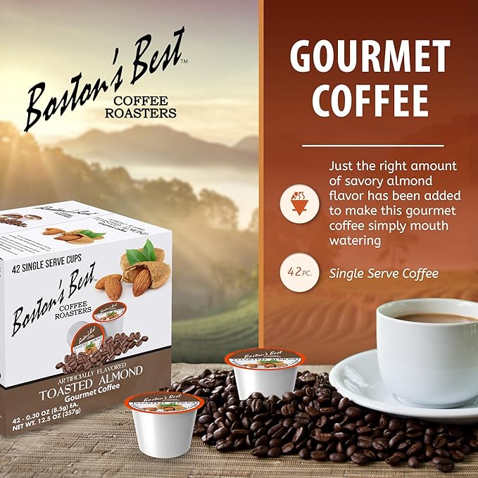 Boston’s Best - Toasted Almond Flavored Delicious Gourmet Coffee Compatible with Keurig Coffee Maker 1 Count (42 Single Serve Medium Roast Cups)