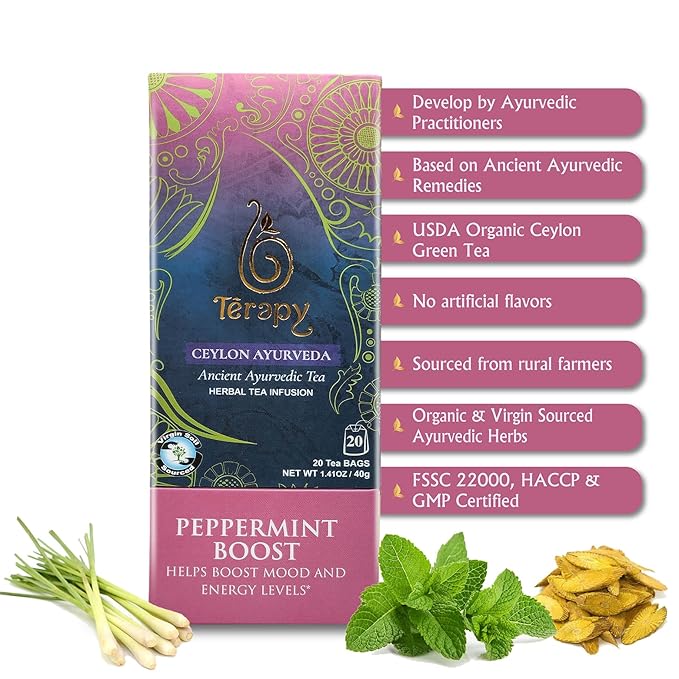 TERAPY Ceylon Peppermint Tea - Boosts Well-being &amp Energy Levels 100% Pure Peppermint Tea Bags Low Caffeine Refreshing Herbal Flavor 20 Individually Wrapped Unbleached Bags for Freshness (2 Pa