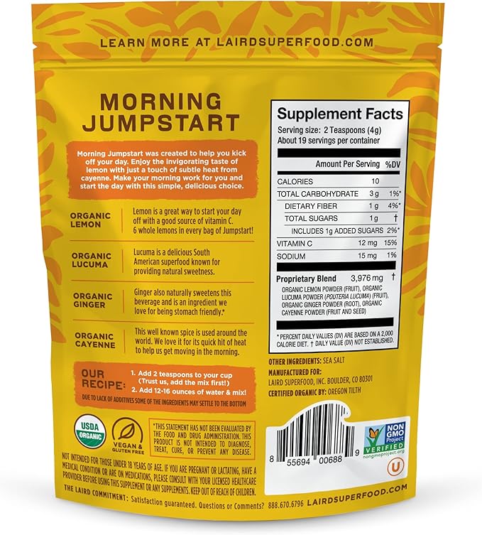 Laird Superfood Morning Jumpstart Powder Drink Supplement Lemon Lucuma Ginger and Cayenne Cleanse Organic 2.7 Oz Bag Pack of 1