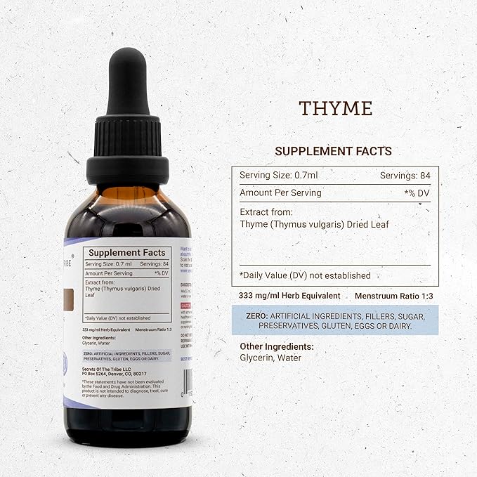 Secrets of the Tribe Thyme Alcohol-Free Liquid Extract Thyme (Thymus Vulgaris) Dried Leaf Tincture Supplement (2 FL OZ)