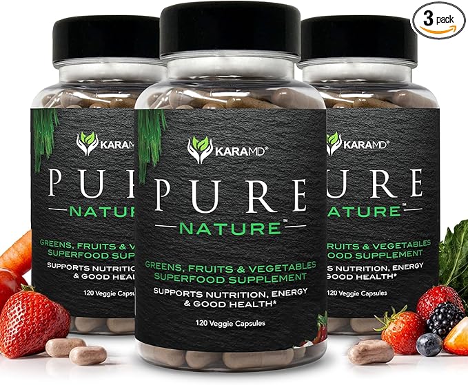 KaraMD Pure Nature | Greens Fruit and Veggies Supplement | Vitamins Fiber &amp Antioxidants | 20 Fruits and Vegetables Supplements for Energy &amp Digestion | Gluten Free &amp Vegan Friendly (3 P