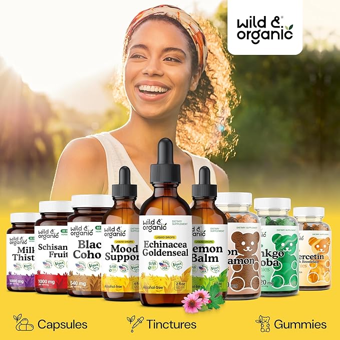 Wild &amp Organic Echinacea Goldenseal Liquid Drops - Immune Support Supplement w/Goldenseal Echinacea Root Extract - Vegan Sugar &amp Alcohol-Free Tincture - 2 fl oz