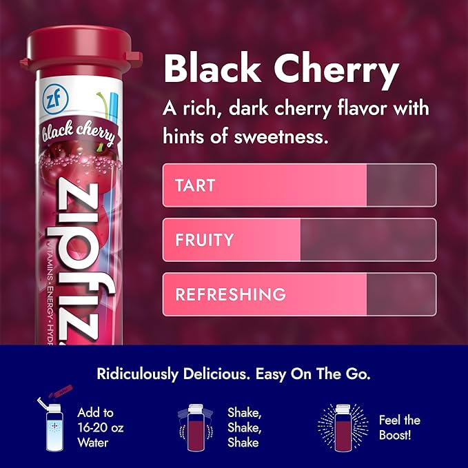 Zipfizz Daily Energy Drink Powder Black Cherry 20 Pack | 3-in-1 Sustained Energy Rapid Hydration and Essential Vitamins | Sugar-Free | Electrolyte Powder | Contains Vitamin B-12 &amp Antioxidants