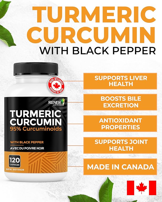Renew Actives Turmeric Curcumin with Black Pepper – 600MG Turmeric Root 100MG Curcuminoids per 2 Capsules – Supports Digestion Liver Health Joint Relief &amp Mobility – Made in Canada – 120 Capsul