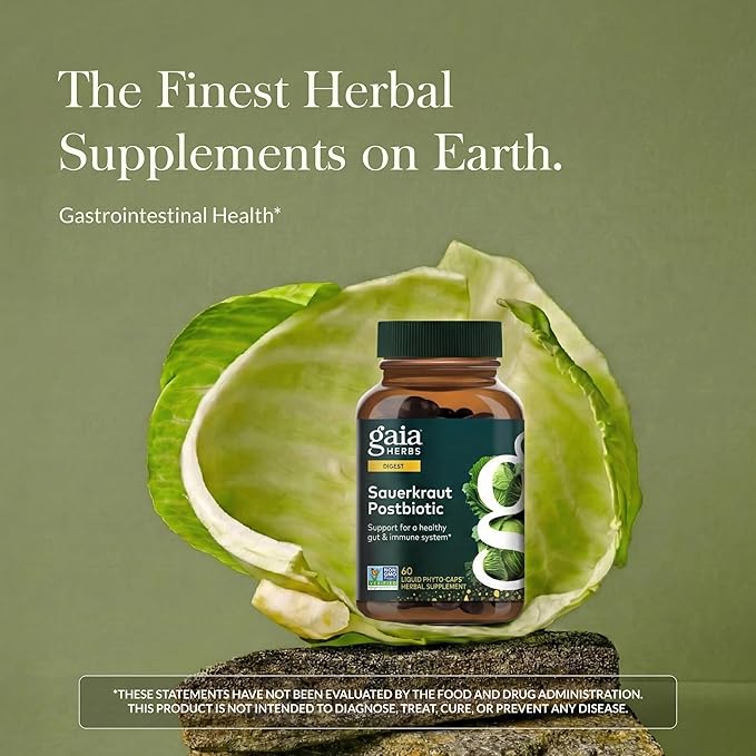 Gaia Herbs Sauerkraut Postbiotic - Gut Health &amp Immune Support Supplement* - Made with Fermented Sauerkraut - Free from Dairy Soy &amp Gluten - 60 Vegan Liquid Phyto-Caps (30 Servings)