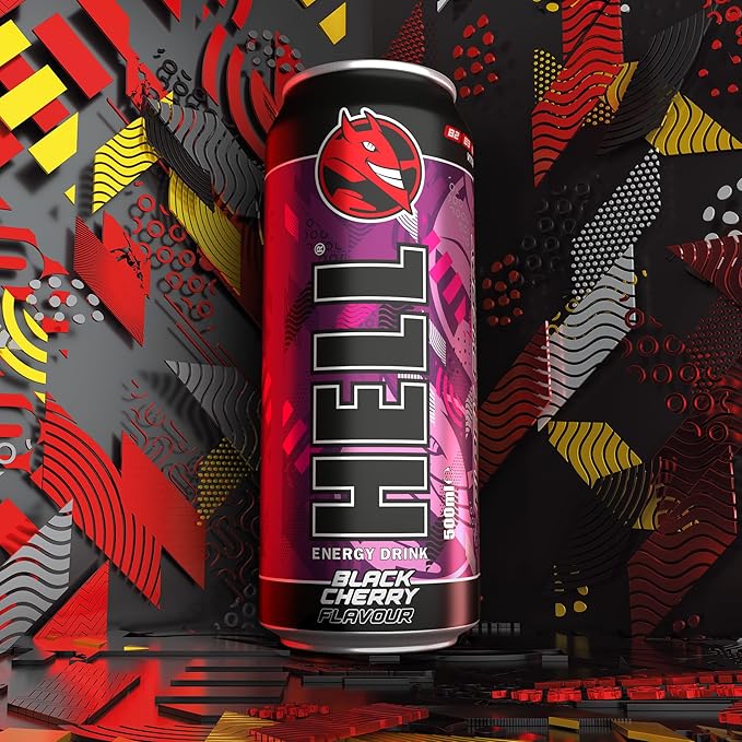 HELL BLACK CHERRY Energy Drink | +20% More Caffeine | Vitamins B2 B3 B6 B12 C &amp D | No Preservatives | Environmentally Friendly Packaging | 12 x 500 ml | Compatible with HELL Energy