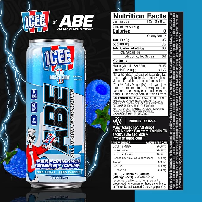 All Black Everything Performance Energy Drink | Zero Calories Sugar Free | 200mg Caffeine | Beta Alanine &amp Citrulline | Pre-Workout Sport Drink for Men &amp Women | ICEE Blue Raspberry | 12 Pack