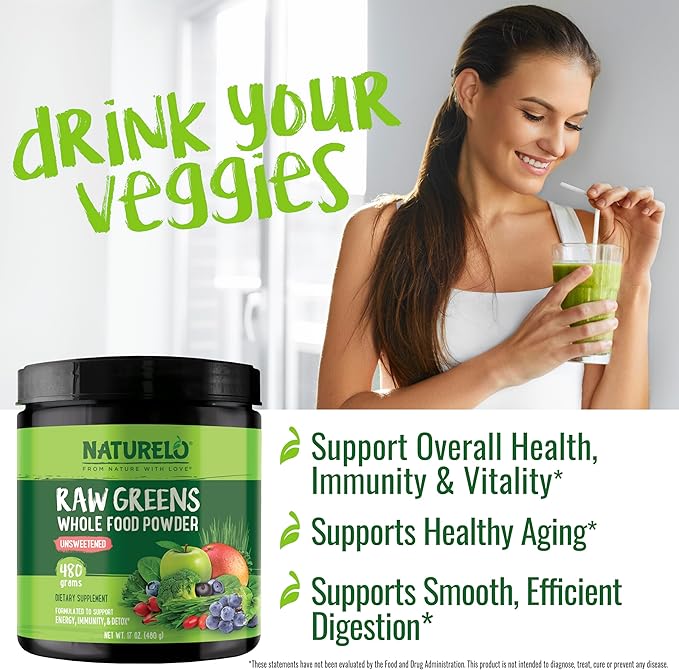 NATURELO Raw Greens Superfood Powder - Unsweetened - Boost Energy Detox Enhance Health - Organic Spirulina - Wheat Grass - Whole Food Nutrition from Fruits &amp Vegetables - 480 Grams