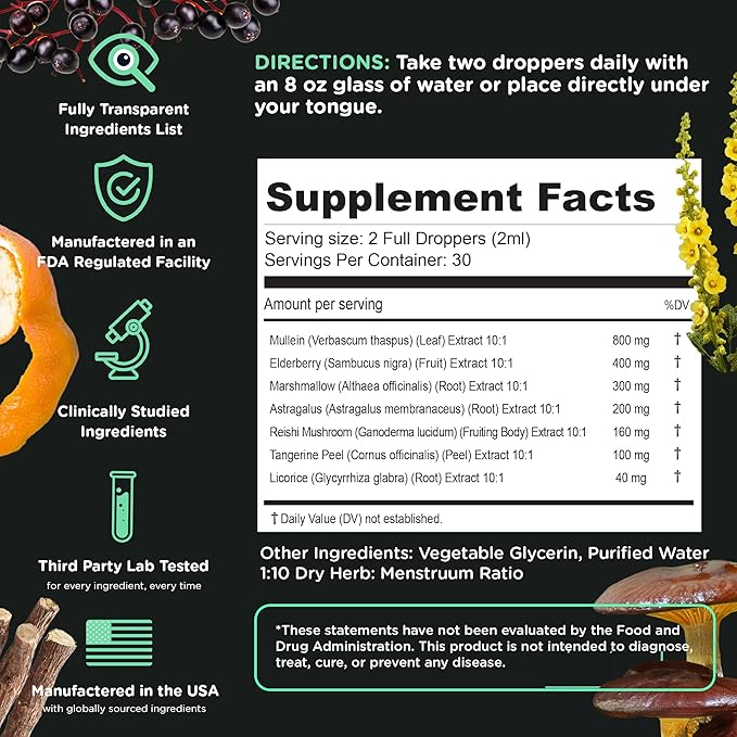 SuperBonsai Super Lungs Mullein Drops – Herbal Lung Support Tincture with Mullein Leaf Extract Elderberry Reishi Marshmallow Root – Supports Clear Breathing &amp Wellness – 2 oz