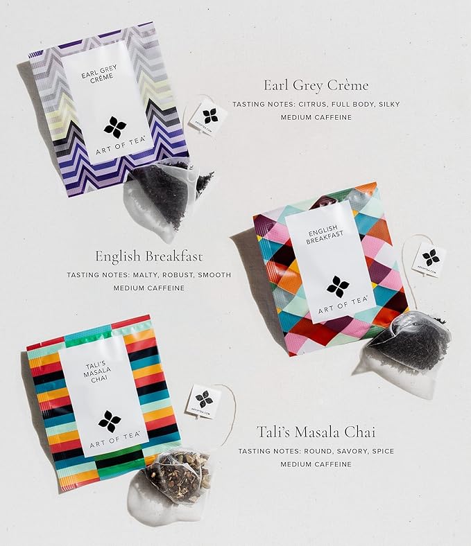 Art of Tea | Assorted Tea Sampler | 12 Count Sampler Box | Breakfast Tea Earl Grey Creme Egyptian Chamomile (Non-Caffeinated) French Lemon Ginger (Non-Caffeinated) Green Pomegranate Mint Green T