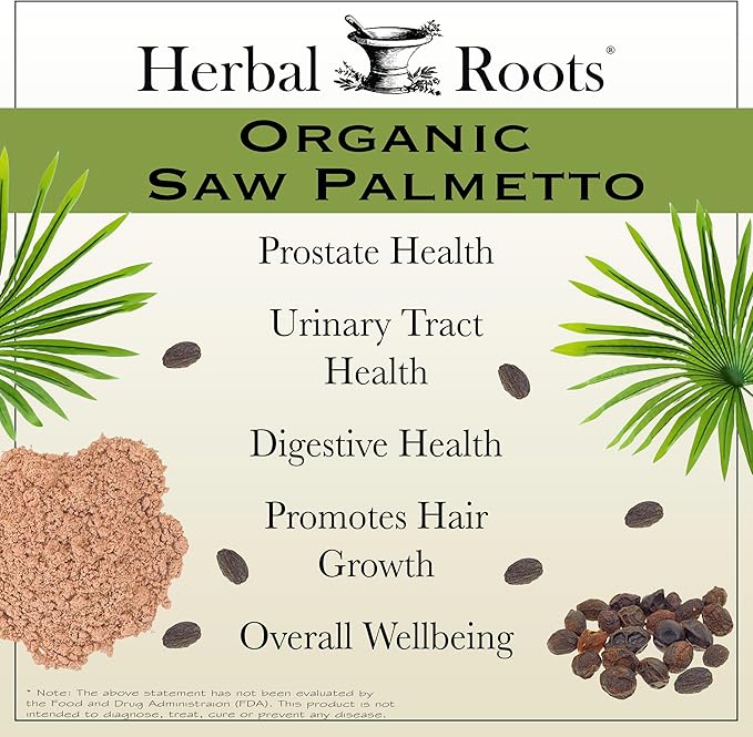 Herbal Roots Organic Saw Palmetto Capsules | 1000mg per Serving | 60 Organic Vegan Capsules (Pack of 2)