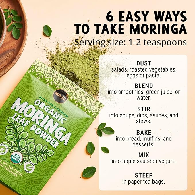MAJU's Organic Moringa Powder (1 Pound) Oleifera Leaf Extra-Fine Quality Dried Drumstick Tree Leaves For Tea Smoothies Food-Grade