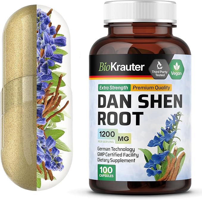 BIO KRAUTER® Dan Shen Red Sage for Circulatory Support - Pure Vegan Dan Shen Supplement (Salvia Miltiorrhiza) 1200 mg per Serving - Antioxidant Herbal Supplement 100 Сapsules 25-Day Supply Non-GMO