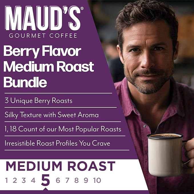 Maud's Blueberry Cherry &amp Raspberry Chocolate Flavored Pods Bundle 54 ct Medium Roast Flavored Coffee in Single Serve Pods – 100% Arabica Coffee Compatible with Keurig K Cups Maker