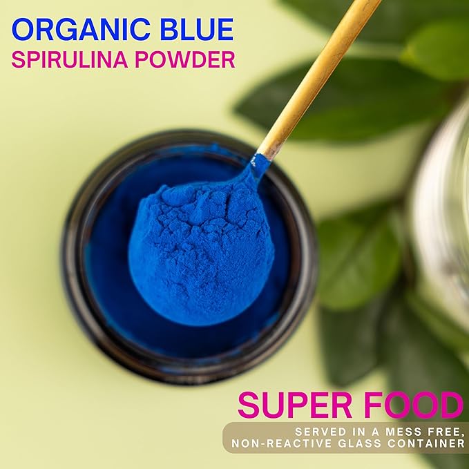 Eleven TLC Organic Blue Spirulina Powder Flavorless Superfood Vitamins + Minerals Espirulina Azul en Polvo Plant Protein Non-GMO Non Messy Glass Jar 1.24 Ounce 35 Servings
