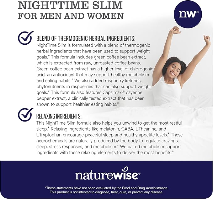 Naturewise Nighttime Fitness Support Supplement &amp Natural Sleep Aid with Cayenne Extract Green Coffee Bean GABA L-Theanine - Vegetarian Non-GMO - 60 Capsules[1-Month Supply]