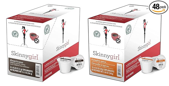 Skinnygirl Flavored Coffee Pods Single Serve Coffee for Keurig K Cups Machines 24 Count Americano Espresso Roast and 24 Count Pumpkin Spice 48 Total Recyclable Pods