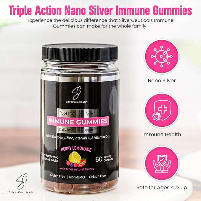 Immune Gummies - Sambucus Elderberry - Vitamin C &amp D - Zinc - Save Your Sick Days - Kids &amp Adults - Safe Ages 4 &amp Up - Nano Colloidal Silver - Gluten &amp Gelatin Free Non-GMO - Berry Lem