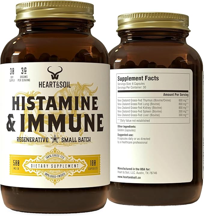 HEART &amp SOIL – 100% Grass Fed &amp Finished Histamine &amp Immune Support Supplement from Regenerative Cattle with Thymus Lung Spleen Liver &amp Kidney – Immune Defense – Glass Bottle – 180