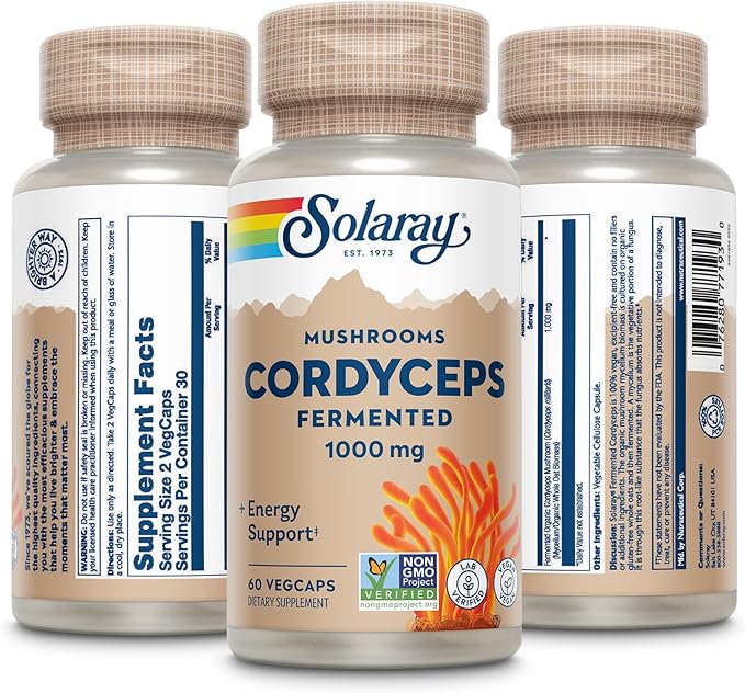SOLARAY Fermented Cordyceps Mushroom 1000 mg - Healthy Energy Support - Fermented for Enhanced Absorption - Vegan Non-GMO Lab Verified - 30 Servings 60 VegCaps
