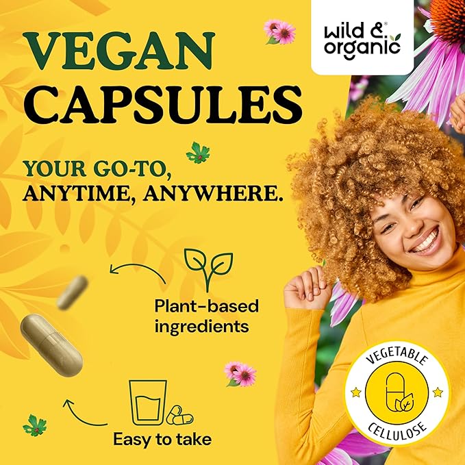 Wild &amp Organic Echinacea Goldenseal Capsules - Immune &amp Lung Support - Echinacea Complex Supplement - Hydrastis Canadensis &amp Purpurea - Vegan No Fillers Non-GMO - 90 Count