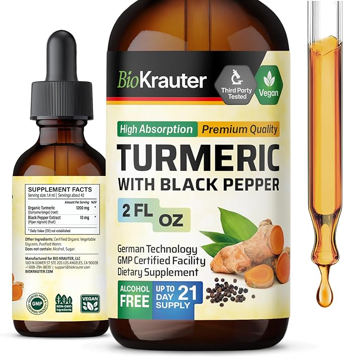 BIO KRAUTER® Turmeric Supplement for Joint Support - Pure Vegan Curcumin with Black Pepper 2 Fl.Oz 28 Days of Supply - Curcumin Drops 1200 mg for Antioxidant &amp Immune Support - Alcohol &amp Sugar