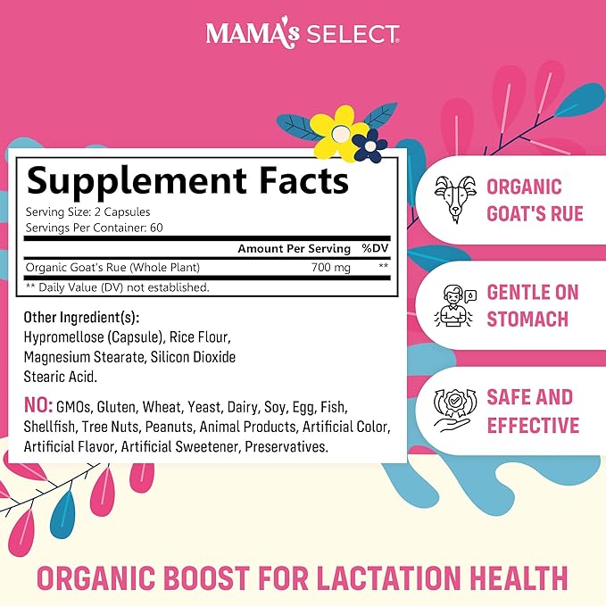 Mama's Select Organic Goat’s Rue Capsules for Breast Milk Production – Non-GMO Vegan Gluten- Free Lactation Support Supplement – Safe &amp Effective for Nursing Moms – Third-Party Tested