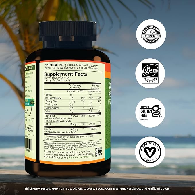 Nutrex Hawaii Pure Hawaiian Spirulina Gummies – Sugar-Free Vegan Superfood Plus Vitamin D3 Farm Grown in Kona Non-GMO 60 Count