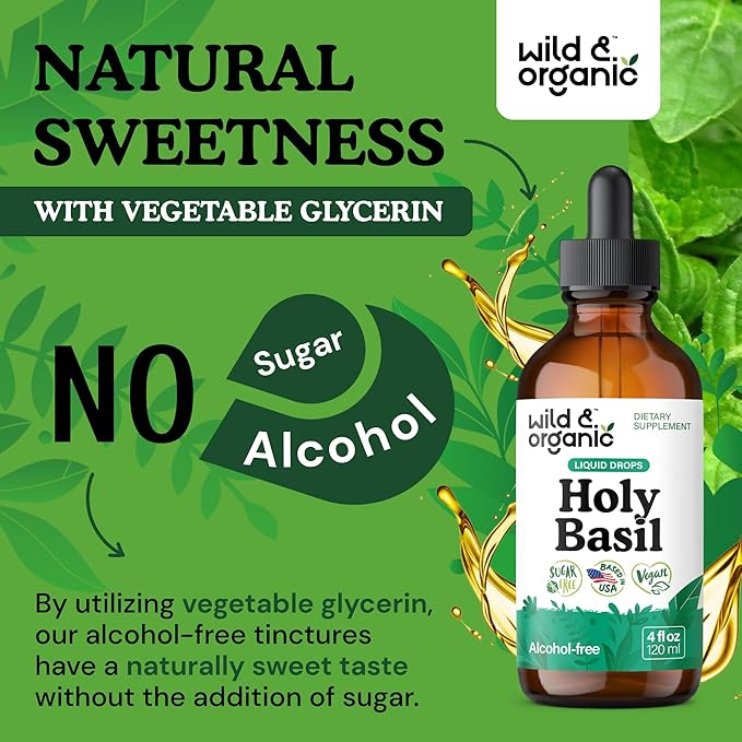 Wild &amp Organic Holy Basil Tincture - Relaxation &amp Calmness Support - Liquid Holy Basil Leaf Supplement - Tulsi Drops - Vegan Sugar &amp Alcohol-Free Extract - 4 fl oz