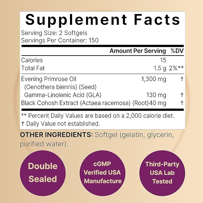 NatureBell Evening Primrose Oil with Black Cohosh 1300mg Per Serving 300 Mini-Softgels | Cold Pressed Seeds Retains 130mg GLA for Womens Health &amp Skin Care Support – Hexane Free Non-GMO