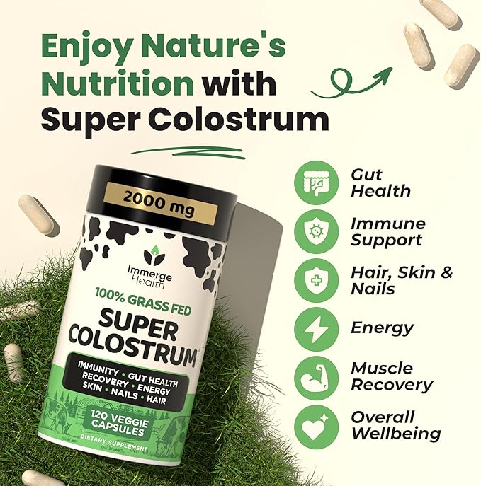 Immerge Health Super Colostrum Capsules - 120 Count High IgG Bovine Supplement for Gut Health Hair Growth Bloating &amp Immunity - 100% Grass Fed First Milking Tasteless &amp Travel Friendly USA