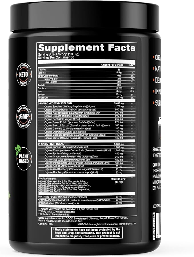 Jocko Fuel Daily Greens Powder - Premium Organic Greens Superfood Powder for Gut Health Digestion Bloating Immune Support with Spirulina Chlorella Digestive Enzymes &amp Probiotics - 30 Serving