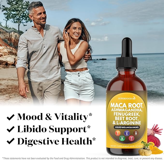 Superfood MD Maca Root Liquid Drops with Ashwagandha Nettle Fenugreek Beet Root and L-Arginine Liquid Multivitamin for Women and Men - 8 Oz