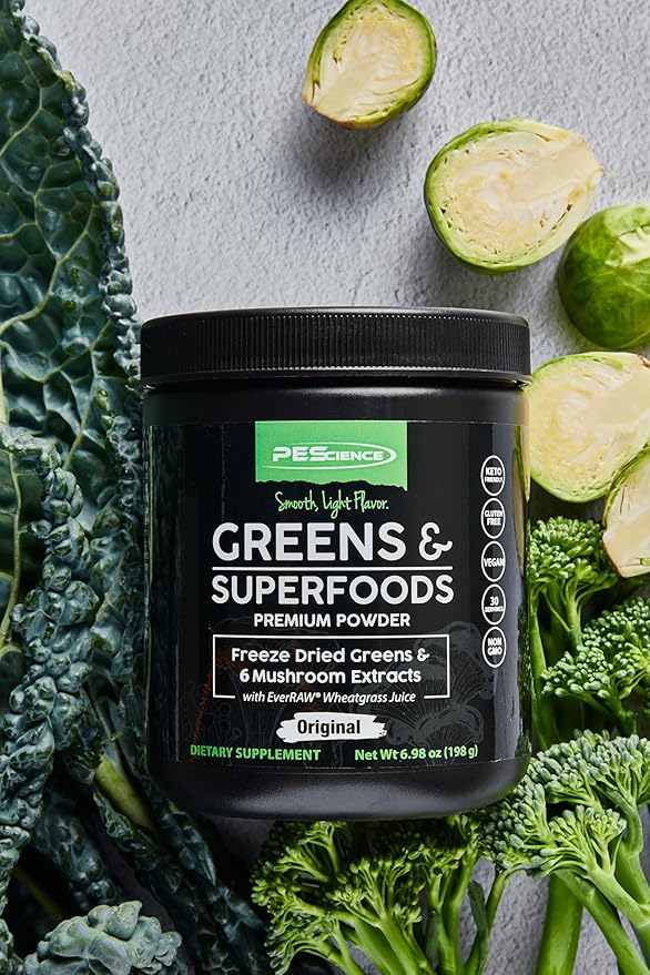 PEScience Greens Powder Superfood with Natural Chlorophyll Reishi &amp Turkey Tail Mushroom Powders Freeze-Dried Kale Spinach Broccoli Sprouts with Antioxidants - Original Flavor 30 Servings