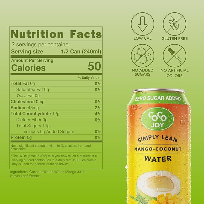 CoCo Joy Lean Mango Coconut Water Zero Sugar Added Low-Carb High-Calcium Nutrient-Rich Drink 12 pack