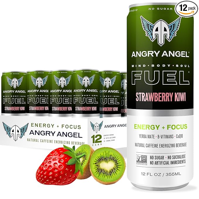 Angry Angel Strawberry Kiwi Natural Energy + Focus Drink (12 count) - Zero Sugar - Natural Caffeine from Yerba Mate - CoQ10 - B Vitamins - 12 oz Cans